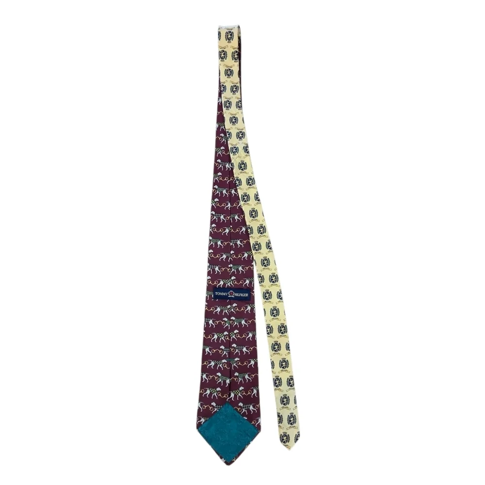 Vtg 90s Tommy Hilfiger Silk Tie Burgundy Hunting Dog Equestrian Crest USA Made